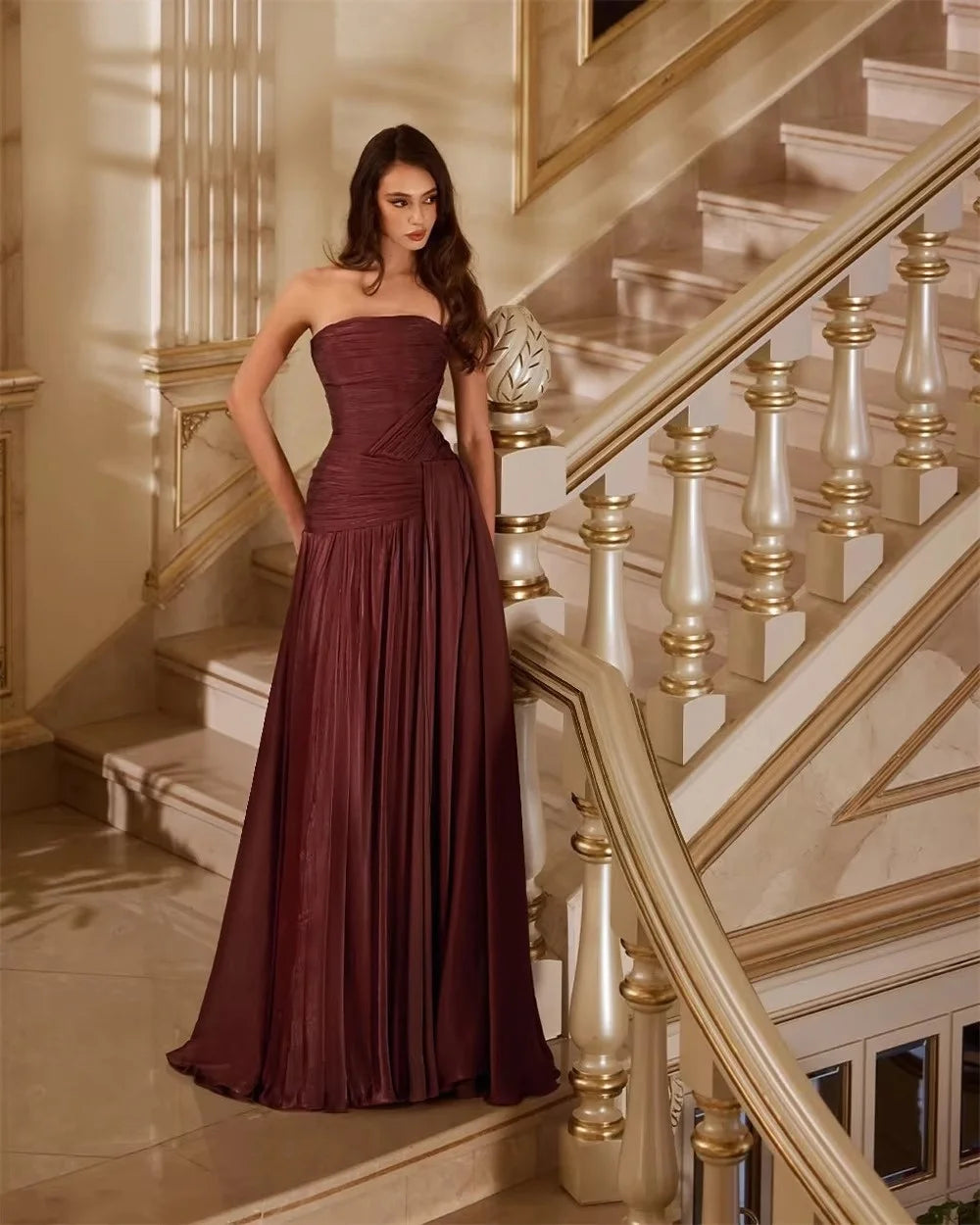 Ladies Strapless Floor Length Dresses Pleated Design Formal Evening Gown Long Dresses For Women For Wedding Party Guest Outfit