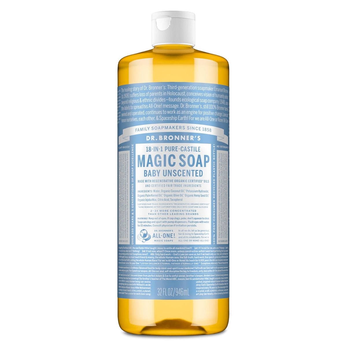 Pure-Castile Magic Soap Liquid (Baby Unscented, 32 Ounce) – Made with Regenerative Organic Certified Oils – for Sensitive Skin, Babies, Face, Hair, Laundry, Dishes, Hand Soap & Body Wash