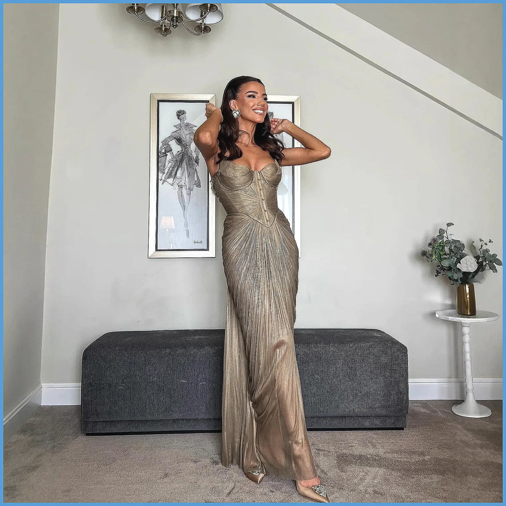 Elegant V-Neck Pleated Evening Gown for Women, Sexy High Waist Sleeveless Party Dress