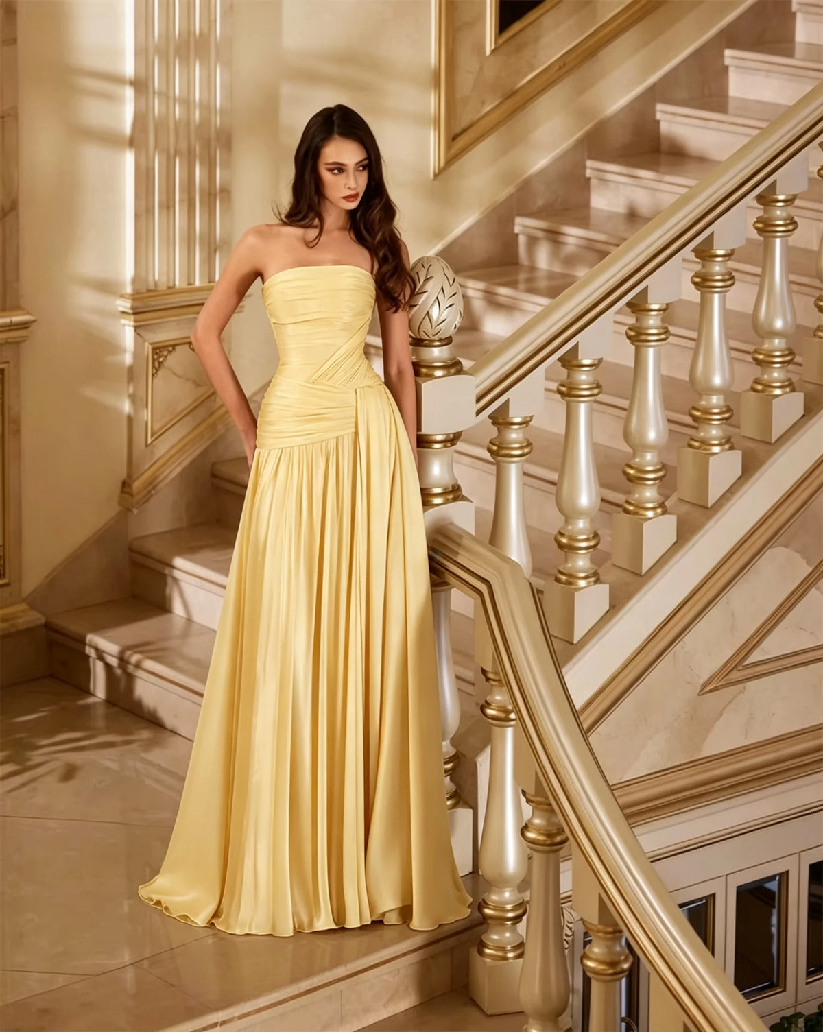 Ladies Strapless Floor Length Dresses Pleated Design Formal Evening Gown Long Dresses For Women For Wedding Party Guest Outfit
