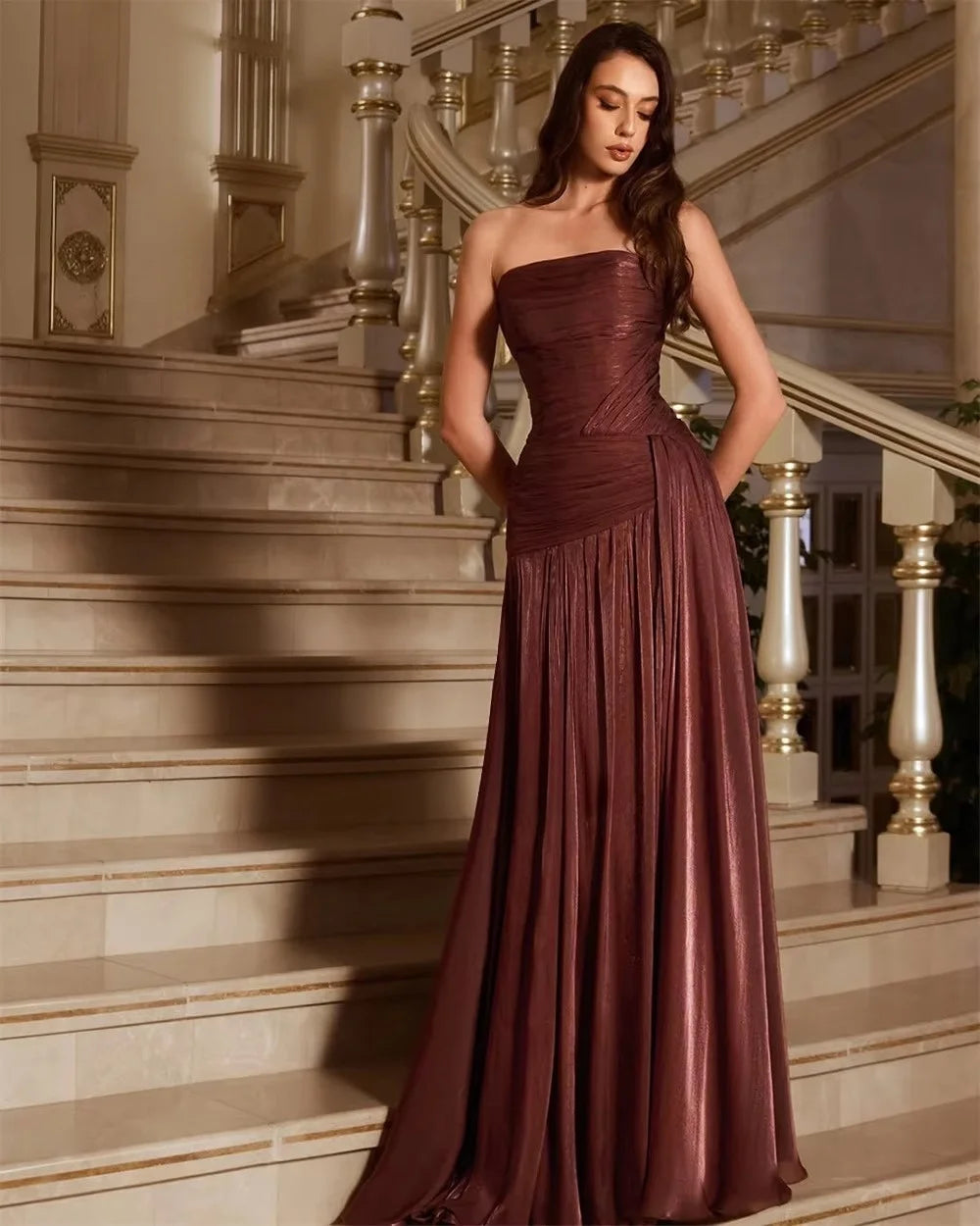 Ladies Strapless Floor Length Dresses Pleated Design Formal Evening Gown Long Dresses For Women For Wedding Party Guest Outfit