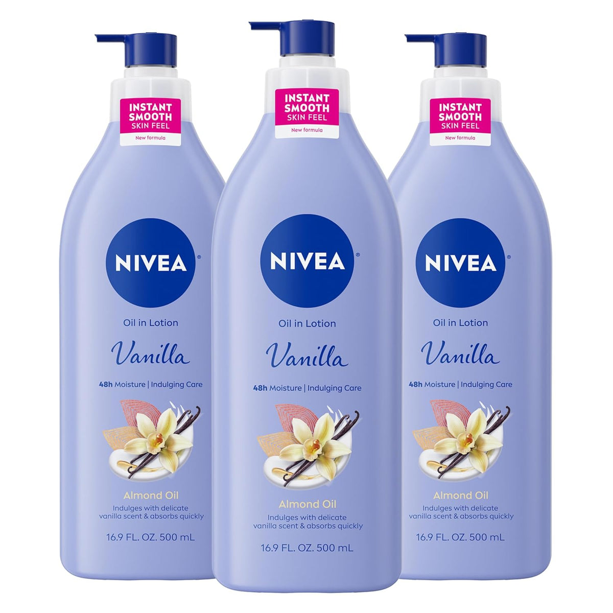 Oil Infused Vanilla and Almond Oil Body Lotion for Women, Fast-Absorbing and Non-Greasy Vanilla Scented Lotion Moisturizes for 48 Hours, 16.9 Fl Oz Pump Bottle, Pack of 3