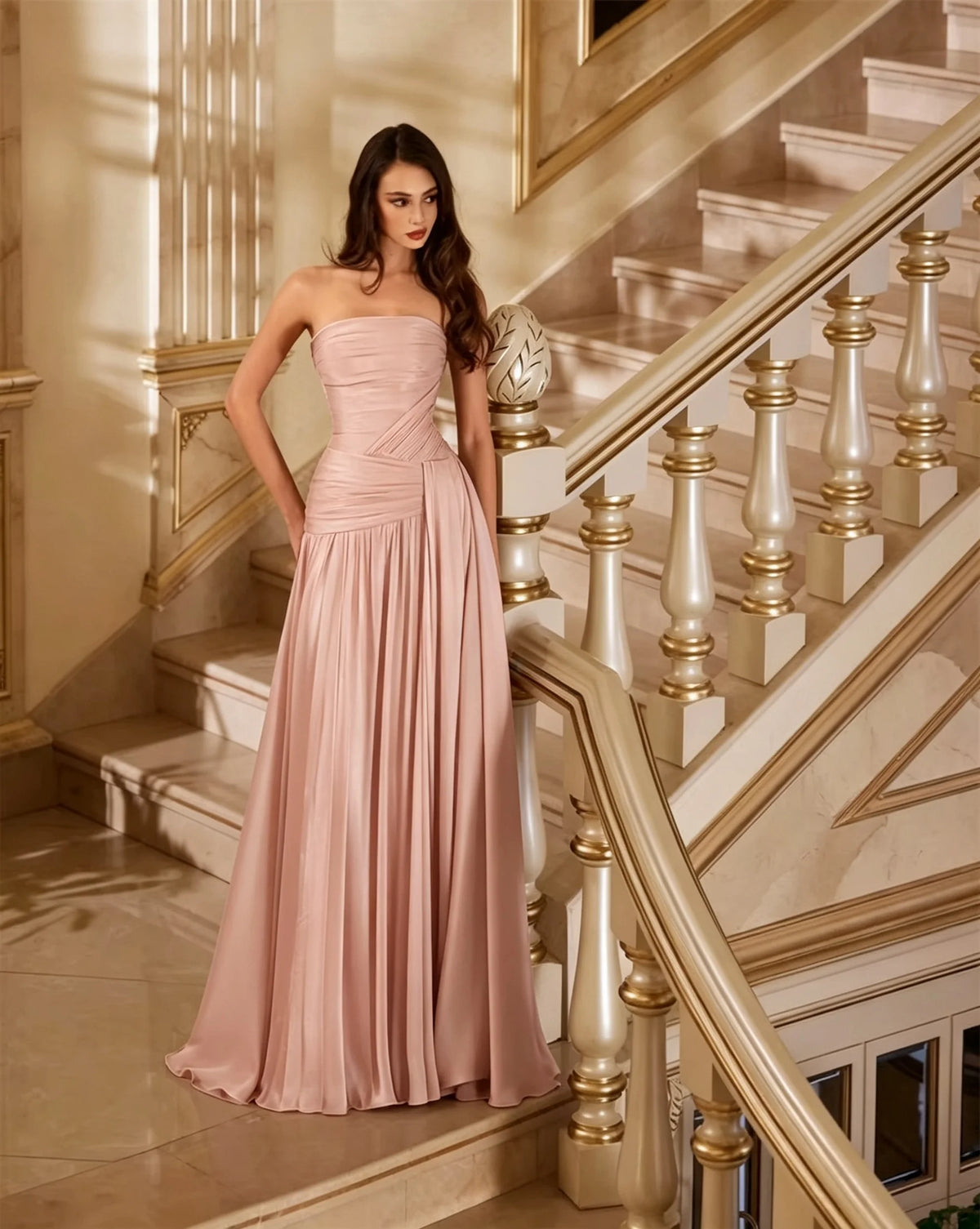 Ladies Strapless Floor Length Dresses Pleated Design Formal Evening Gown Long Dresses For Women For Wedding Party Guest Outfit