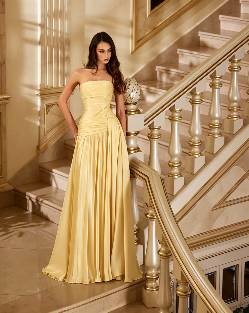 Ladies Strapless Floor Length Dresses Pleated Design Formal Evening Gown Long Dresses For Women For Wedding Party Guest Outfit