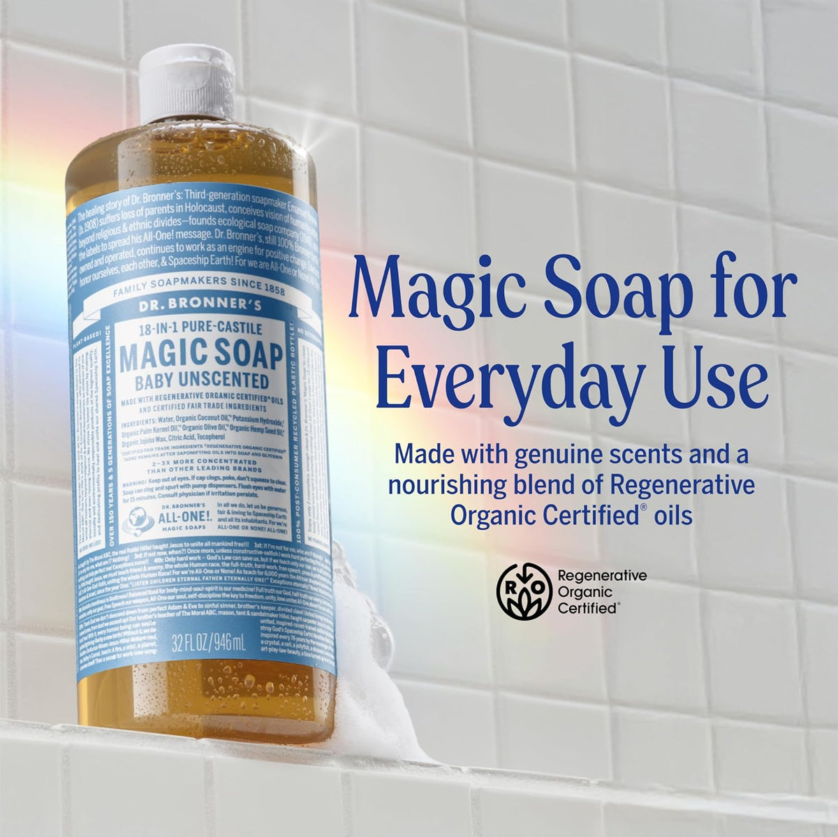 Pure-Castile Magic Soap Liquid (Baby Unscented, 32 Ounce) – Made with Regenerative Organic Certified Oils – for Sensitive Skin, Babies, Face, Hair, Laundry, Dishes, Hand Soap & Body Wash