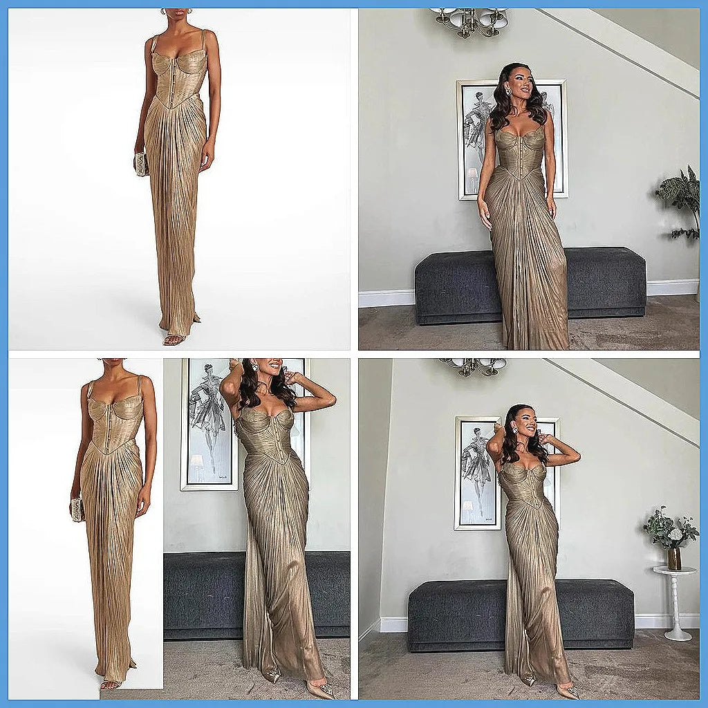 Elegant V-Neck Pleated Evening Gown for Women, Sexy High Waist Sleeveless Party Dress