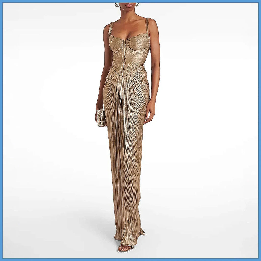 Elegant V-Neck Pleated Evening Gown for Women, Sexy High Waist Sleeveless Party Dress