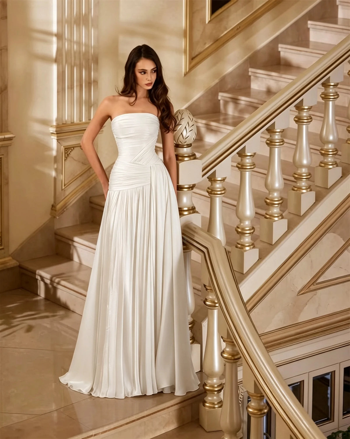 Ladies Strapless Floor Length Dresses Pleated Design Formal Evening Gown Long Dresses For Women For Wedding Party Guest Outfit